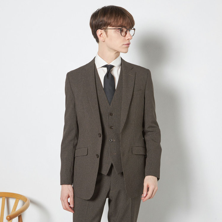 ブラックライン 【SLIM TAPERED_2】【春夏】2釦シングルスリーピーススーツ 0タック/ブラウン×チェック/ウエストシャーリング/4S SUSTAINABILITY&ECOLOGY FABRIC/※パンツ裾上げ済仕様 茶濃色