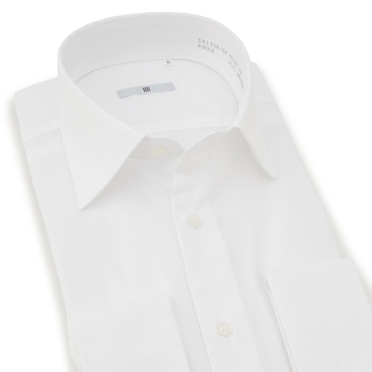 シルバーライン 【SILVER LINE】【形態安定】ワイドカラードレスワイシャツ/ホワイト×ドビーツイル+ダブルカフス(ゴムカフス付) 白