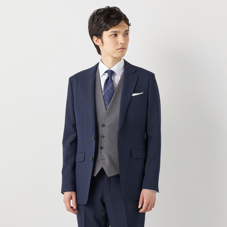 ブラックライン 【SLIM TAPERED】【年間】2釦シングルスリーピーススーツ 0タック/ネイビー×ヘリンボーン /ウエストシャーリング/4S TAKE OUT SUITS /リバーシブルベスト（グレー）/※パンツ裾上げ済仕様 紺中間