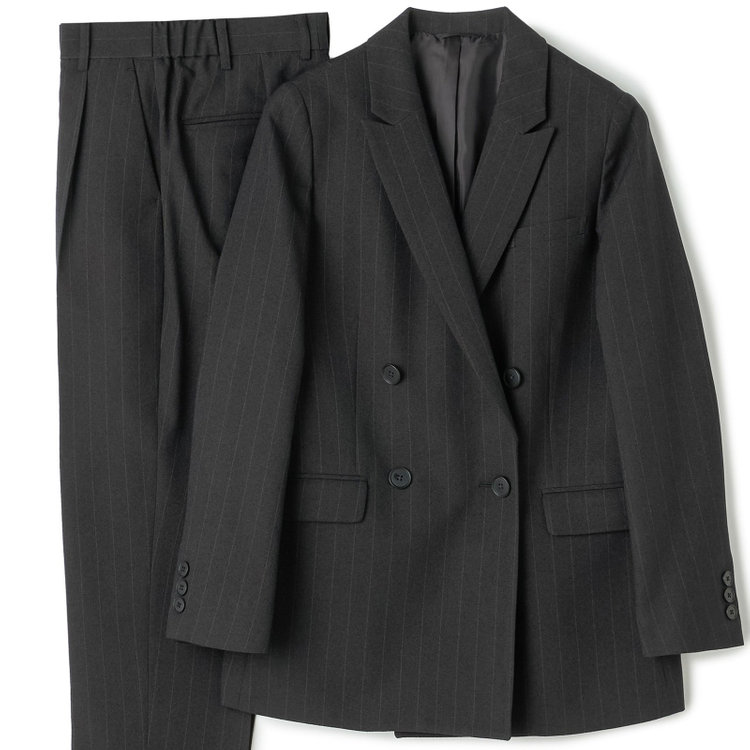 シルバーライン 【SILVER LINE】【秋冬】4釦1掛ダブル パンツスーツ/ブラック×ストライプ/ウォッシャブル/ウエストシャーリング/4S SUSTAINABILITY&ECOLOGY FABRIC/※パンツ裾上げ済仕様 黒