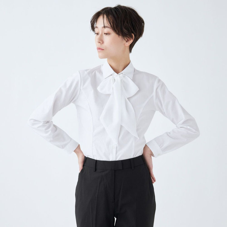 スーツセレクト 【SUIT SELECT×Samantha Thavasa】【長袖】リボン&フリル取り外しスキッパー/ホワイト×ドビーストライプ/形態安定 ホワイト系(白)