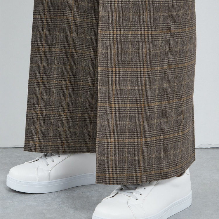 シルバーライン 【SILVER LINE】【秋冬】共生地ベルト付きワイドパンツ/ブラウン×チェック/裾上げ済仕様 茶中間