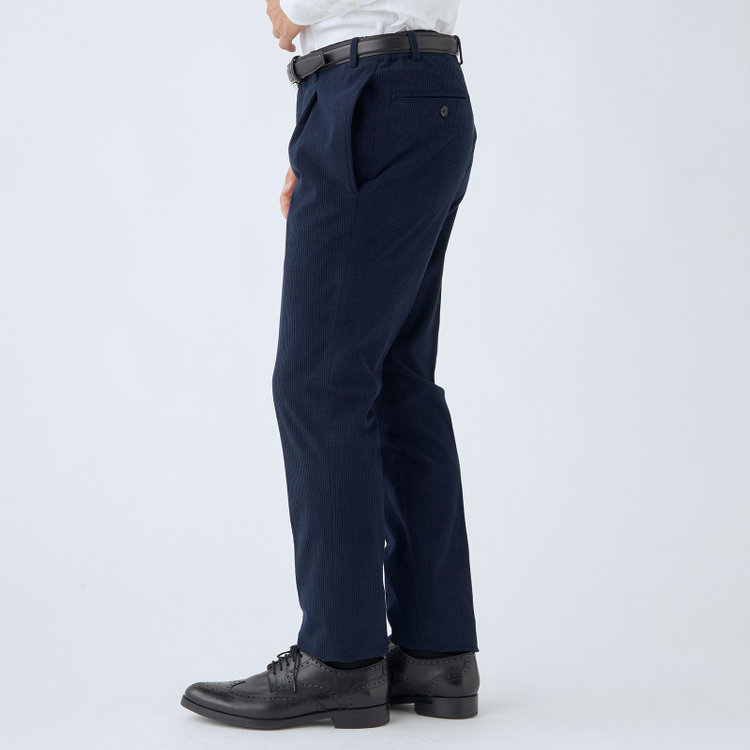 シルバーライン 【CLASSICO TAPERED】【秋冬】1タックテーパードパンツ/ネイビー×コーデュロイ/シャーリング仕様/4S SUSTAINABLE/※裾上げ必要 紺濃色