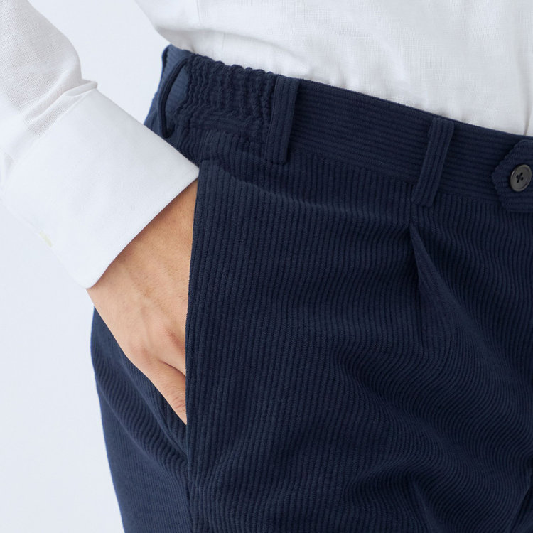 シルバーライン 【CLASSICO TAPERED】【秋冬】1タックテーパードパンツ/ネイビー×コーデュロイ/シャーリング仕様/4S SUSTAINABLE/※裾上げ必要 紺濃色