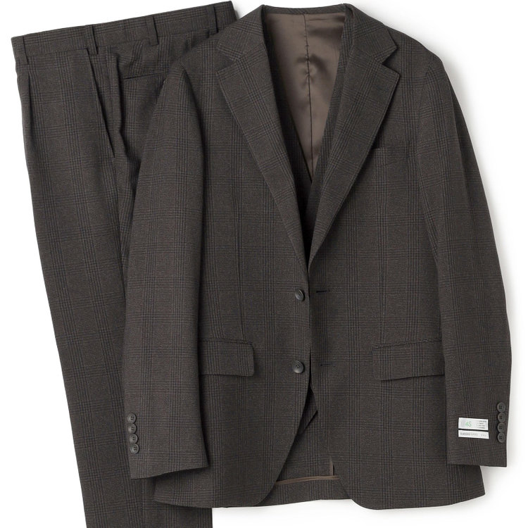 シルバーライン 【CLASSICO TAPERED】【秋冬】2釦シングルスリーピーススーツ 1タック/ブラウン×プレイド/ウエストムーブ/4S SUSTAINABILITY&ECOLOGY FABRIC/※パンツ裾上げ済仕様 茶中間