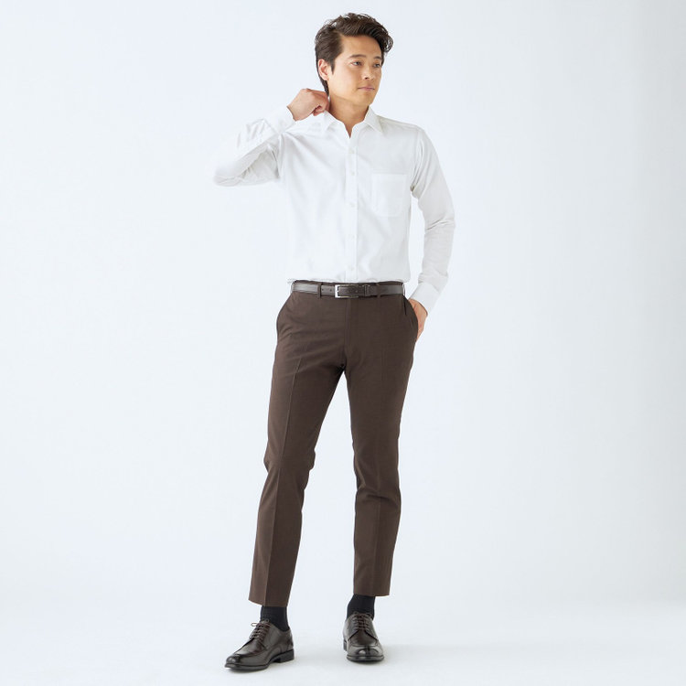 ブラックライン 【SLIM TAPERED】【春夏】0タックテーパードパンツ/ブラウン/ウエストムーブ/ウォッシャブル/4S SUSTAINABILITY&ECOLOGY FABRIC/※裾上げ済み仕様 茶中間