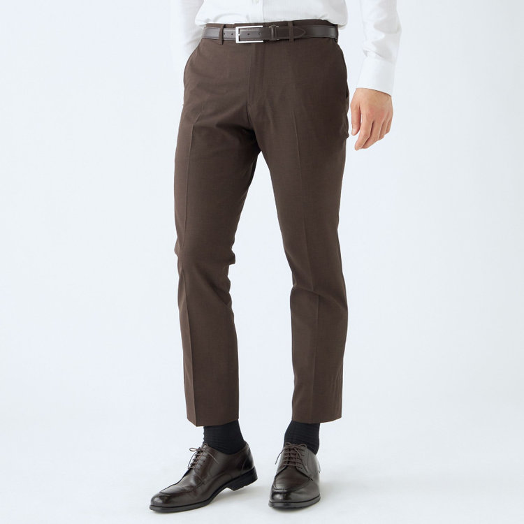 ブラックライン 【SLIM TAPERED】【春夏】0タックテーパードパンツ/ブラウン/ウエストムーブ/ウォッシャブル/4S SUSTAINABILITY&ECOLOGY FABRIC/※裾上げ済み仕様 茶中間