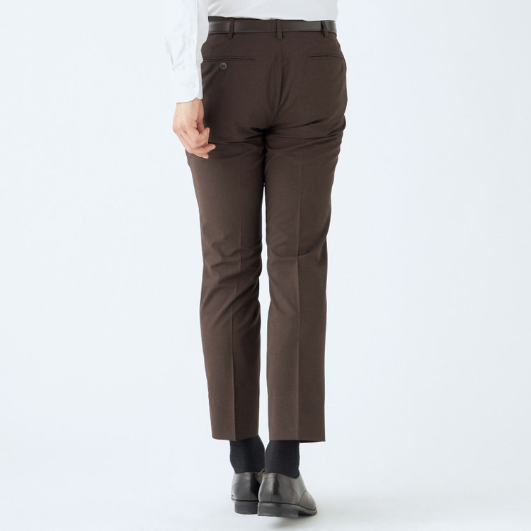 ブラックライン 【SLIM TAPERED】【春夏】0タックテーパードパンツ/ブラウン/ウエストムーブ/ウォッシャブル/4S SUSTAINABILITY&ECOLOGY FABRIC/※裾上げ済み仕様 茶中間