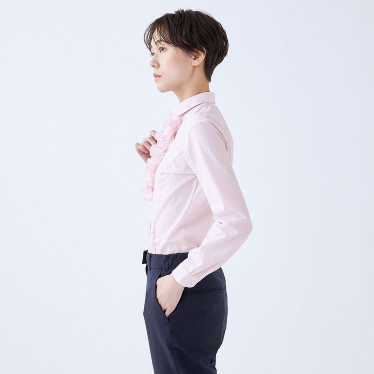 スーツセレクト 【発送在庫あり】【SUIT SELECT×Samantha Thavasa】【長袖】リボン&フリル取り外しスキッパー/ピンク×ドビーストライプ/形態安定 ピンク系(桃)