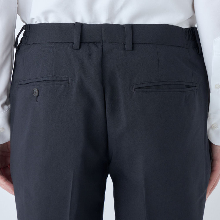 ブラックライン 【WEB限定】【発送在庫あり】【SLIM TAPERED】【年間】ウォッシャブル0タックテーパードパンツ/ネイビー/ウエストシャーリング/裾上げ済仕様 紺中間
