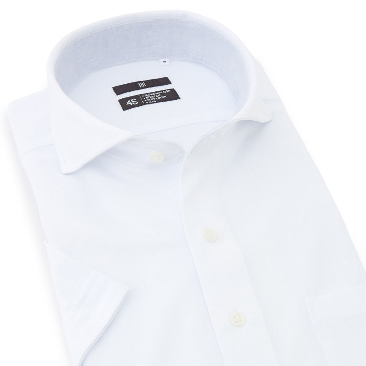 ブラックライン 【BLACK LINE/半袖】ホリゾンタルワイドワイシャツ/ホワイト×ドビー/襟裏別布/「氷撃」冷感PRINT「4S」スーパーノンアイロン・ストレッチ 白