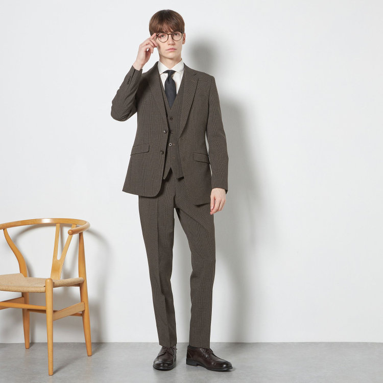 ブラックライン 【SLIM TAPERED_2】【春夏】2釦シングルスリーピーススーツ 0タック/ブラウン×チェック/ウエストシャーリング/4S SUSTAINABILITY&ECOLOGY FABRIC/※パンツ裾上げ済仕様 茶濃色