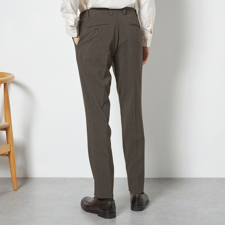 ブラックライン 【SLIM TAPERED_2】【春夏】2釦シングルスリーピーススーツ 0タック/ブラウン×チェック/ウエストシャーリング/4S SUSTAINABILITY&ECOLOGY FABRIC/※パンツ裾上げ済仕様 茶濃色