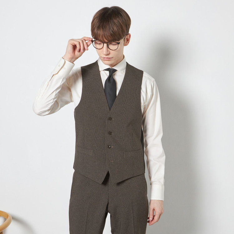 ブラックライン 【SLIM TAPERED_2】【春夏】2釦シングルスリーピーススーツ 0タック/ブラウン×チェック/ウエストシャーリング/4S SUSTAINABILITY&ECOLOGY FABRIC/※パンツ裾上げ済仕様 茶濃色