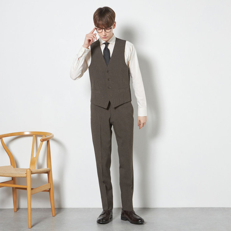 ブラックライン 【SLIM TAPERED_2】【春夏】2釦シングルスリーピーススーツ 0タック/ブラウン×チェック/ウエストシャーリング/4S SUSTAINABILITY&ECOLOGY FABRIC/※パンツ裾上げ済仕様 茶濃色
