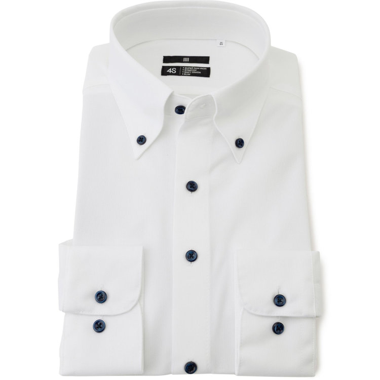 ブラックライン 【発送在庫あり】【WEB限定】【BLACK LINE】ボタンダウンワイシャツ/ホワイト×ドビー/釦・釦付糸：ネイビー/「4S」スーパーノンアイロン・ストレッチ 白