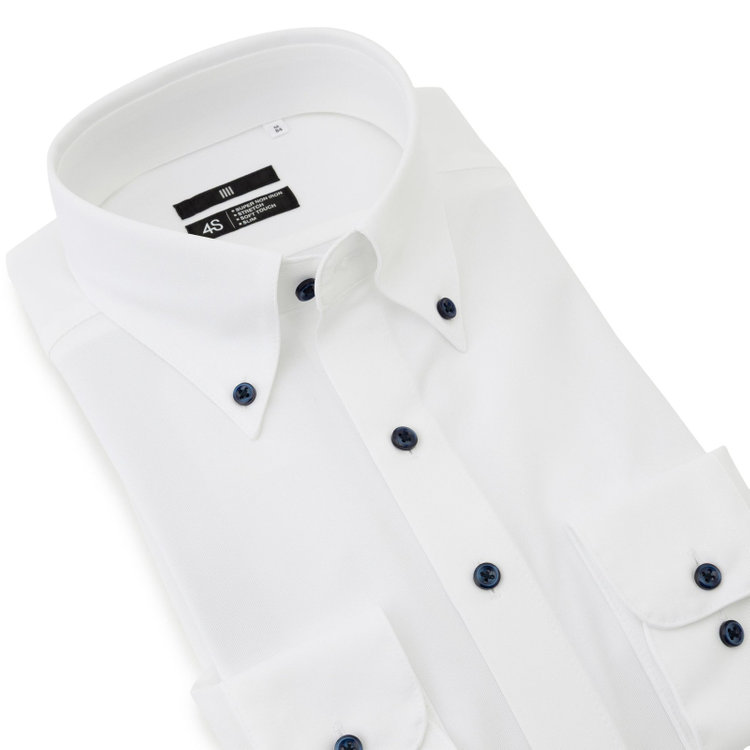 ブラックライン 【発送在庫あり】【WEB限定】【BLACK LINE】ボタンダウンワイシャツ/ホワイト×ドビー/釦・釦付糸：ネイビー/「4S」スーパーノンアイロン・ストレッチ 白