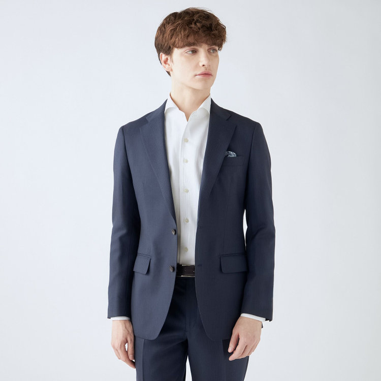 SUIT SELECT　アウトレット 【WEB限定/OUTLET/汚れ・キズ等有】【CLASSICO TAPERED】【秋冬】2釦シングルスーツ 1タック/ネイビー×ストライプ/super extra fine merino wool Raymond/※裾上げ必要 紺中間