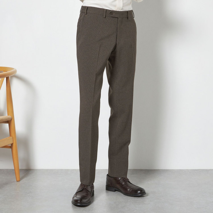 ブラックライン 【SLIM TAPERED_2】【春夏】2釦シングルスリーピーススーツ 0タック/ブラウン×チェック/ウエストシャーリング/4S SUSTAINABILITY&ECOLOGY FABRIC/※パンツ裾上げ済仕様 茶濃色