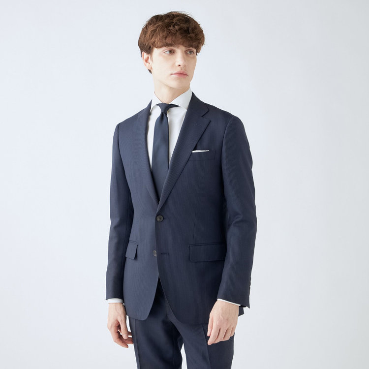 SUIT SELECT　アウトレット 【WEB限定/OUTLET/汚れ・キズ等有】【CLASSICO TAPERED】【秋冬】2釦シングルスーツ 1タック/ネイビー×ストライプ/super extra fine merino wool Raymond/※裾上げ必要 紺中間
