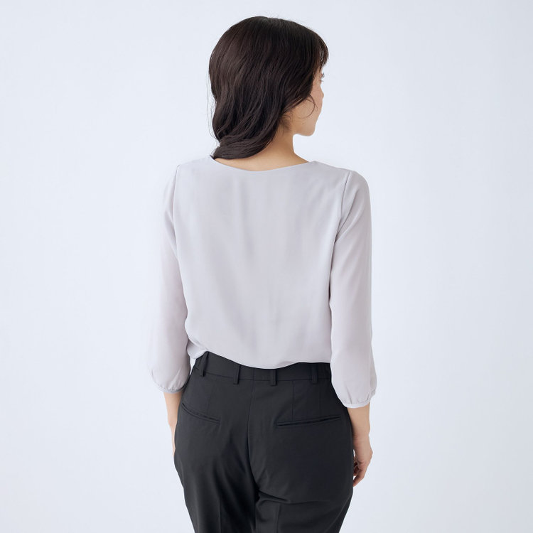 シルバーライン 【SILVER LINE/7分袖】フロントプリーツクルーネックプルオーバー/グレージュ/「ウォッシャブル可能」「防シワ」 グレー淡色