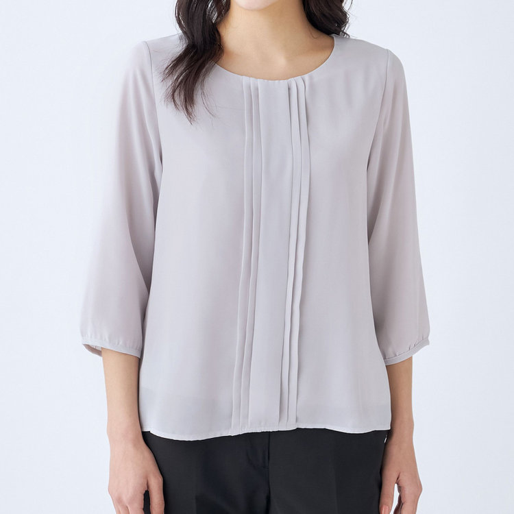 シルバーライン 【SILVER LINE/7分袖】フロントプリーツクルーネックプルオーバー/グレージュ/「ウォッシャブル可能」「防シワ」 グレー淡色