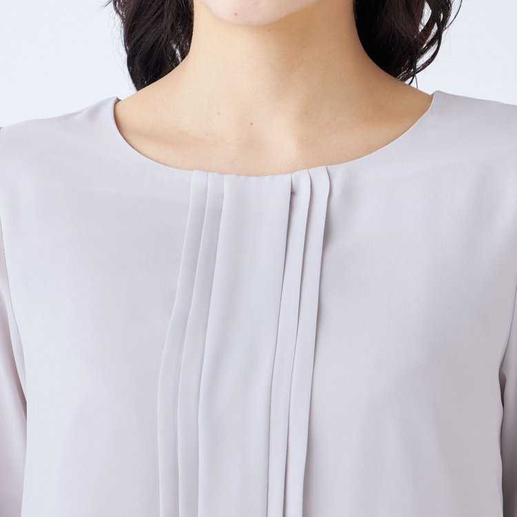 シルバーライン 【SILVER LINE/7分袖】フロントプリーツクルーネックプルオーバー/グレージュ/「ウォッシャブル可能」「防シワ」 グレー淡色