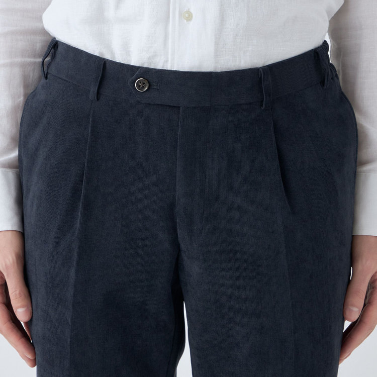 シルバーライン 【CLASSICO TAPERED】【秋冬】1タックテーパードパンツ/ネイビー×コーデュロイ/ウエストシャーリング仕様/4S SUSTAINABILITY&ECOLOGY FABRIC/※裾上げ必要 紺濃色