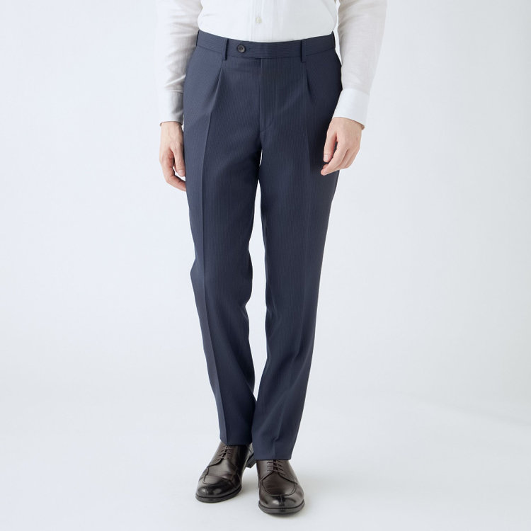 SUIT SELECT　アウトレット 【WEB限定/OUTLET/汚れ・キズ等有】【CLASSICO TAPERED】【秋冬】2釦シングルスーツ 1タック/ネイビー×ストライプ/super extra fine merino wool Raymond/※裾上げ必要 紺中間