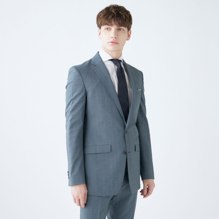 ブラックライン 【SLIM TAPERED_2】【春夏】2釦シングルスーツ 0タック/ブルー×ストライプ/ウエストシャーリング/4S SUSTAINABILITY&ECOLOGY FABRIC/ウォッシャブル/※パンツ裾上げ済仕様 緑中間