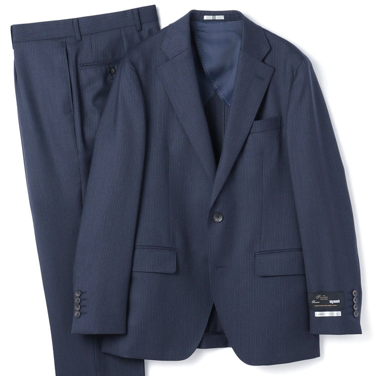 SUIT SELECT　アウトレット 【WEB限定/OUTLET/汚れ・キズ等有】【CLASSICO TAPERED】【秋冬】2釦シングルスーツ 1タック/ネイビー×ストライプ/super extra fine merino wool Raymond/※裾上げ必要 紺中間
