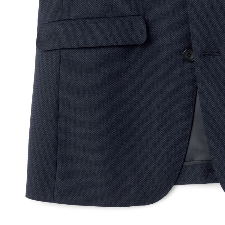 ブラックライン 【SLIM TAPERED_2】【秋冬】2釦シングルスーツ 0タック/ネイビー×バーズアイ/ウエストシャーリング/4S SUSTAINABILITY&ECOLOGY FABRIC/※パンツ裾上げ済仕様 紺中間