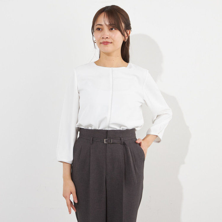 シルバーライン 【SILVER LINE/7分袖】配色クルーネックプルオーバー/ホワイト×グレー/「ウォッシャブル」「ストレッチ」「防シワ」「UV加工」「静電気防止」 白