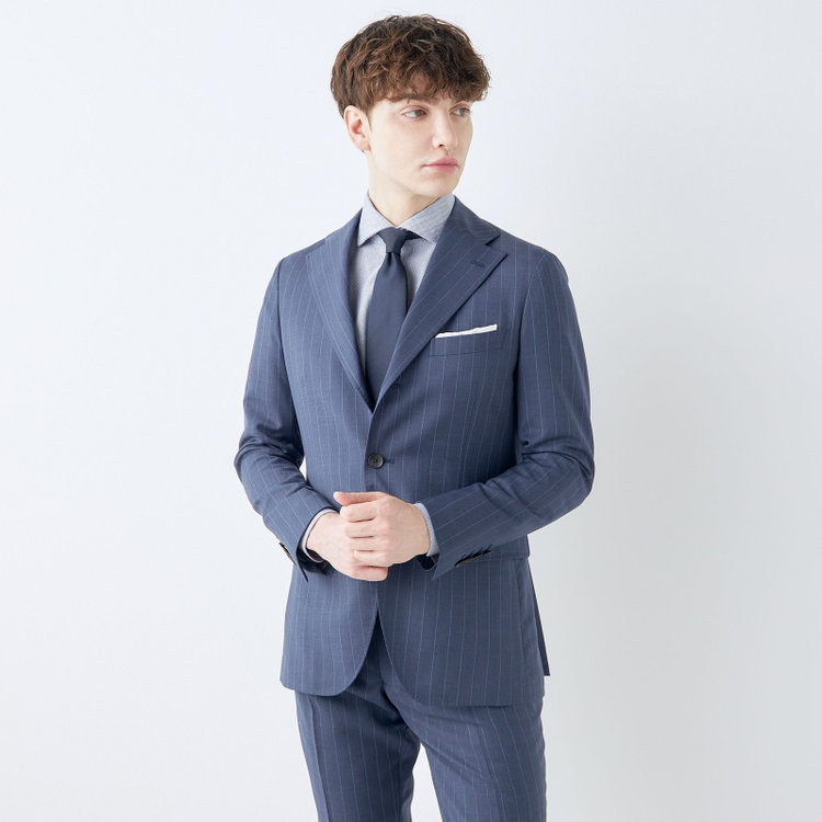 シルバーライン 【CLASSICO TAPERED】【春夏】3釦段返りシングルスーツ 2タック/ネイビー×ストライプ/ウエストムーブ仕様/MARZOTTO/※パンツ裾直し必要 紺淡色