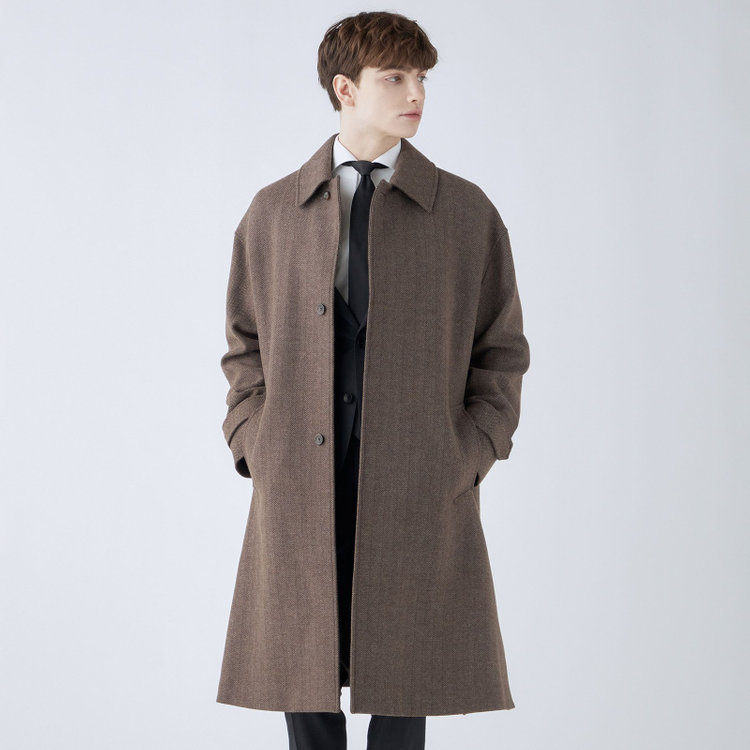 シルバーライン 【発送在庫あり】【SL】ウールブレンドステンカラードロップショルダーデュアリティサイドスリットコート/ブラウン/140S BLENDED EXTRA FINE MERINO WOOL 黄淡色