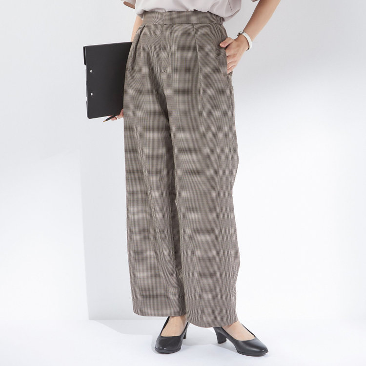【SL】【春夏】ワイドパンツ/ブラウン×チェック/ウエストシャーリング/ウォッシャブル/裾上げ済仕様