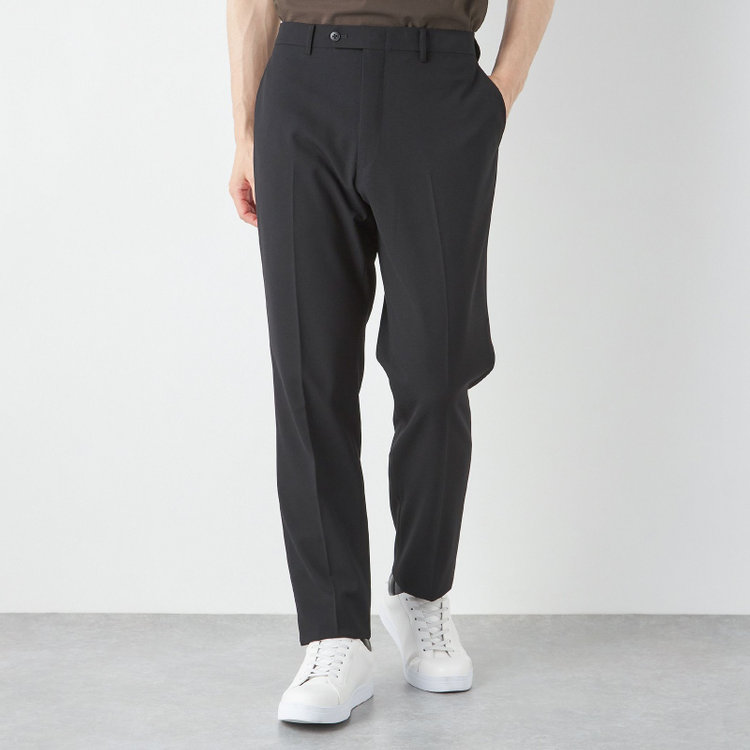 ブラックライン 【SLIM TAPERED】【春夏】ノータックテーパードパンツ/ブラック×バーズアイ/「FREEZETECH 氷撃」冷感PRINT/4S SUSTAINABILITY&ECOLOGY FABRIC「ウォッシャブル」「ストレッチ」/※裾上げ済み仕様 黒