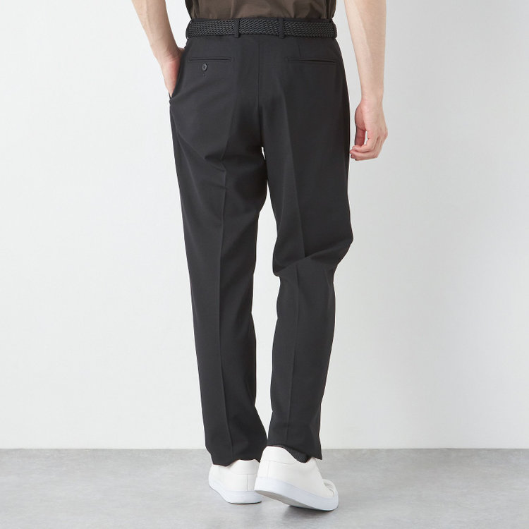 ブラックライン 【SLIM TAPERED】【春夏】ノータックテーパードパンツ/ブラック×バーズアイ/「FREEZETECH 氷撃」冷感PRINT/4S SUSTAINABILITY&ECOLOGY FABRIC「ウォッシャブル」「ストレッチ」/※裾上げ済み仕様 黒