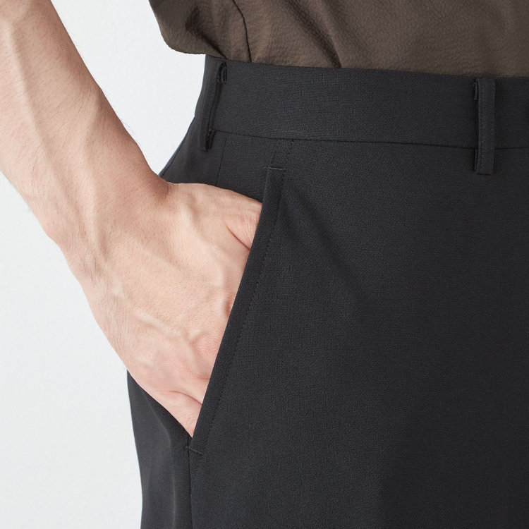 ブラックライン 【SLIM TAPERED】【春夏】ノータックテーパードパンツ/ブラック×バーズアイ/「FREEZETECH 氷撃」冷感PRINT/4S SUSTAINABILITY&ECOLOGY FABRIC「ウォッシャブル」「ストレッチ」/※裾上げ済み仕様 黒