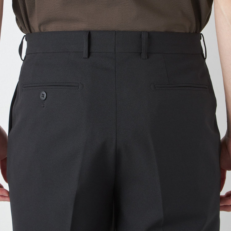 ブラックライン 【SLIM TAPERED】【春夏】ノータックテーパードパンツ/ブラック×バーズアイ/「FREEZETECH 氷撃」冷感PRINT/4S SUSTAINABILITY&ECOLOGY FABRIC「ウォッシャブル」「ストレッチ」/※裾上げ済み仕様 黒