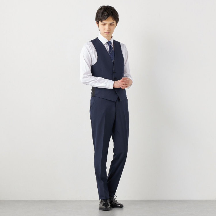 ブラックライン 【SLIM TAPERED】【年間】2釦シングルスリーピーススーツ 0タック/ネイビー×ヘリンボーン /ウエストシャーリング/4S TAKE OUT SUITS /リバーシブルベスト（グレー）/※パンツ裾上げ済仕様 紺中間