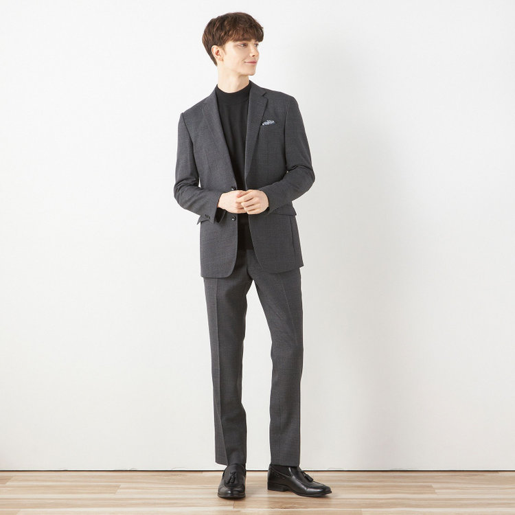 ブラックライン 【SLIM TAPERED_2】【秋冬】2釦シングルスーツ 0タック/グレー×バーズアイ/ウエストシャーリング/4S SUSTAINABILITY&ECOLOGY FABRIC/※パンツ裾上げ済仕様 グレー中間