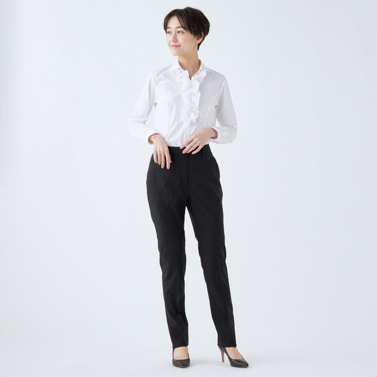 スーツセレクト 【SUIT SELECT×Samantha Thavasa】【長袖】リボン&フリル取り外しスキッパー/ホワイト×ドビーストライプ/形態安定 ホワイト系(白)