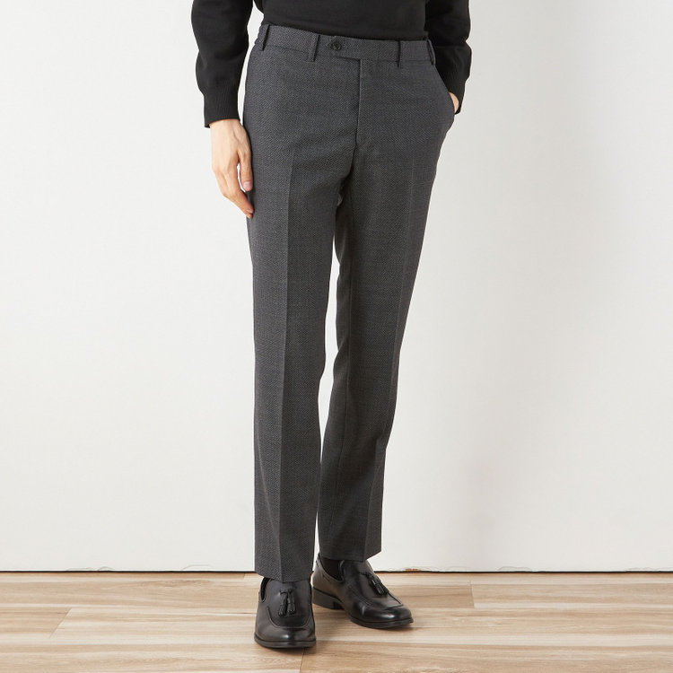 ブラックライン 【SLIM TAPERED_2】【秋冬】2釦シングルスーツ 0タック/グレー×バーズアイ/ウエストシャーリング/4S SUSTAINABILITY&ECOLOGY FABRIC/※パンツ裾上げ済仕様 グレー中間