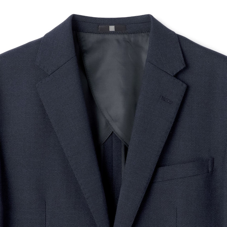 ブラックライン 【SLIM TAPERED_2】【秋冬】2釦シングルスーツ 0タック/ネイビー×バーズアイ/ウエストシャーリング/4S SUSTAINABILITY&ECOLOGY FABRIC/※パンツ裾上げ済仕様 紺中間