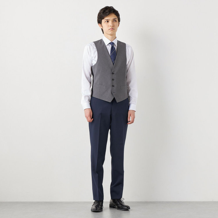 ブラックライン 【SLIM TAPERED】【年間】2釦シングルスリーピーススーツ 0タック/ネイビー×ヘリンボーン /ウエストシャーリング/4S TAKE OUT SUITS /リバーシブルベスト（グレー）/※パンツ裾上げ済仕様 紺中間
