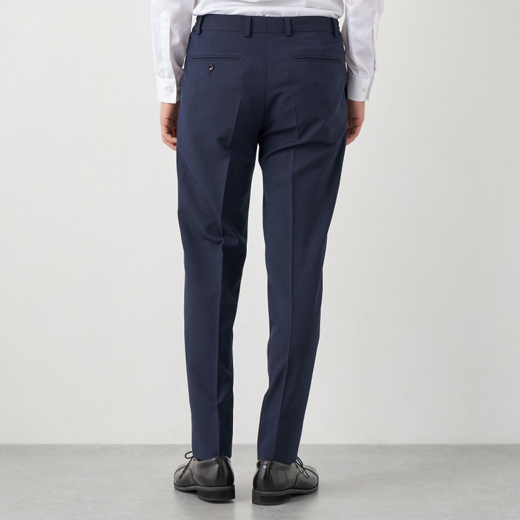 ブラックライン 【SLIM TAPERED】【年間】2釦シングルスリーピーススーツ 0タック/ネイビー×ヘリンボーン /ウエストシャーリング/4S TAKE OUT SUITS /リバーシブルベスト（グレー）/※パンツ裾上げ済仕様 紺中間