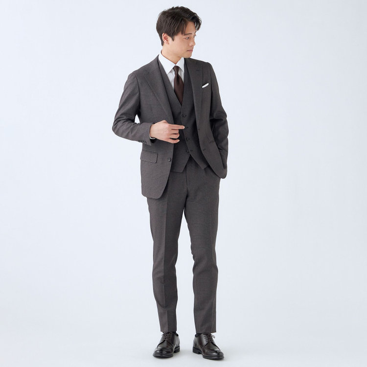 シルバーライン 【CLASSICO TAPERED】【秋冬】2釦シングルスリーピーススーツ 1タック/ブラウン×プレイド/ウエストムーブ/4S SUSTAINABILITY&ECOLOGY FABRIC/※パンツ裾上げ済仕様 茶中間