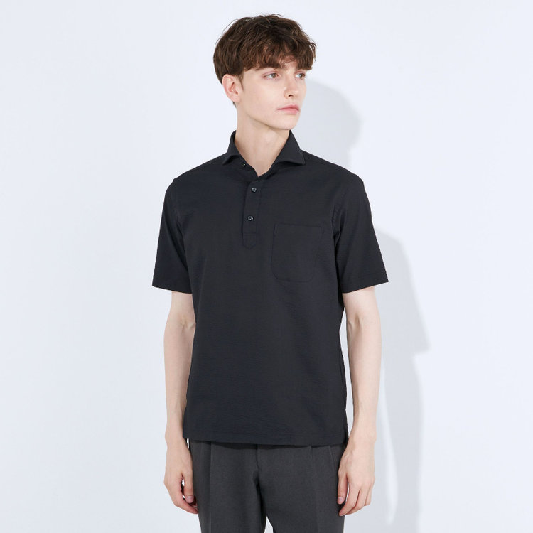 シルバーライン 【RBC/五分袖】カッタウェイビズポロシャツ プルオーバータイプ/ブラック×シアサッカー/4S コットンブレンド 黒