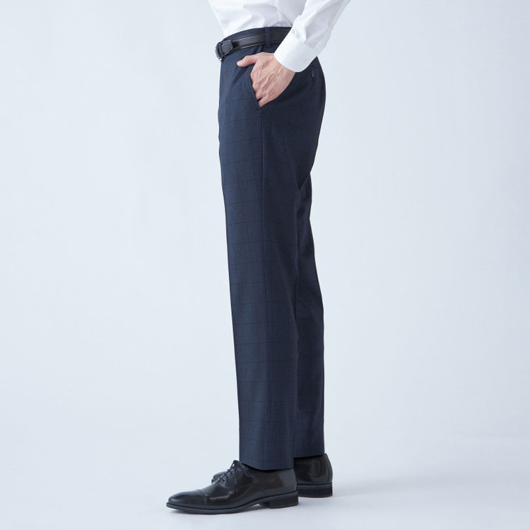 ブラックライン 【SLIM TAPERED】【秋冬】ポリエステル0タックテーパードパンツ/ネイビー×ウィンドペン/ウエストムーブ/ウォッシャブル/4S SUSTAINABILITY&ECOLOGY FABRIC/裾上げ済み仕様 紺濃色